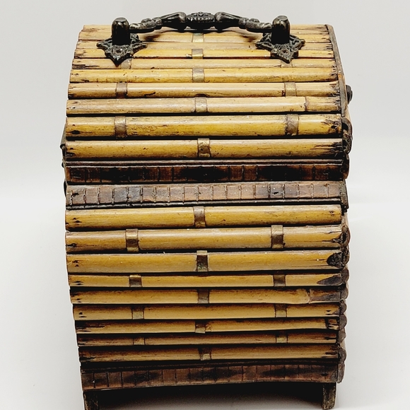 Vintage Wooden Bamboo Jewelry Box Chest Trinket Decor Metal Hinges & Slide Lock. - Picture 8 of 12
